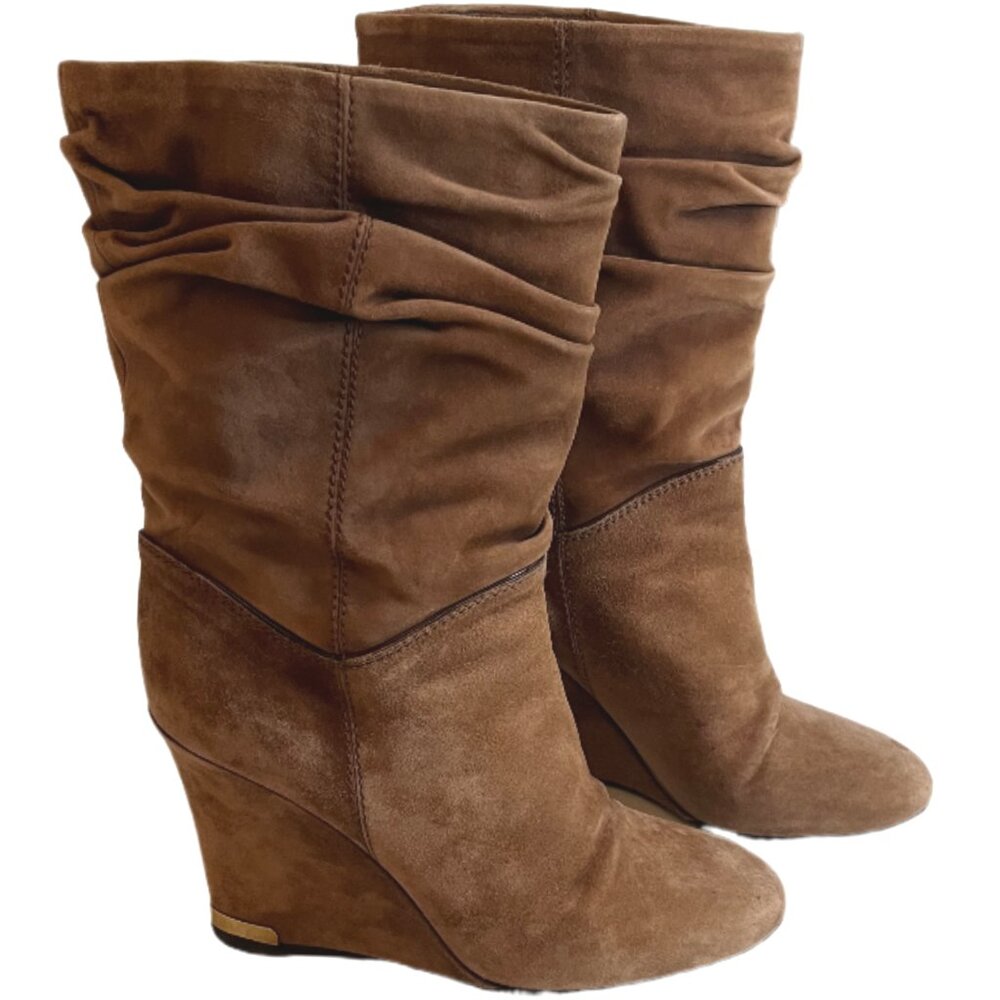 Louis Vuitton Camel Suede Slouch Wedge Boots Gold Metal Logo on Heels Size  37/7 - Picture 2 of 14
